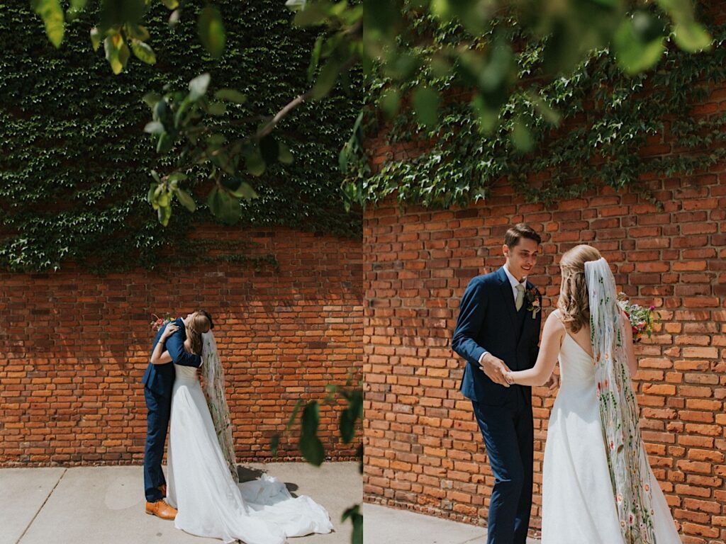 2 photos side by side of a bride and groom in front of a brick wall, the left is of them hugging and the right is of them holding hands and smiling at one another