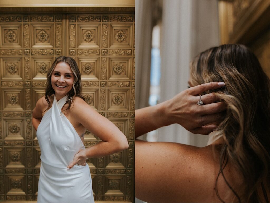 2 photos side by side of a woman, in the left she is smiling at the camera while standing in front of a gold door, in the right she is facing away from the camera and adjusting her hair while showing off the engagement ring on her finger