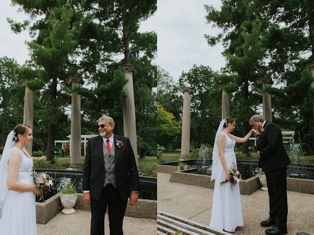 2 photos side by side of a bride with her father in a park, the left photo is of the father smiling at the bride, the right photo is of the father kissing the bride's hand