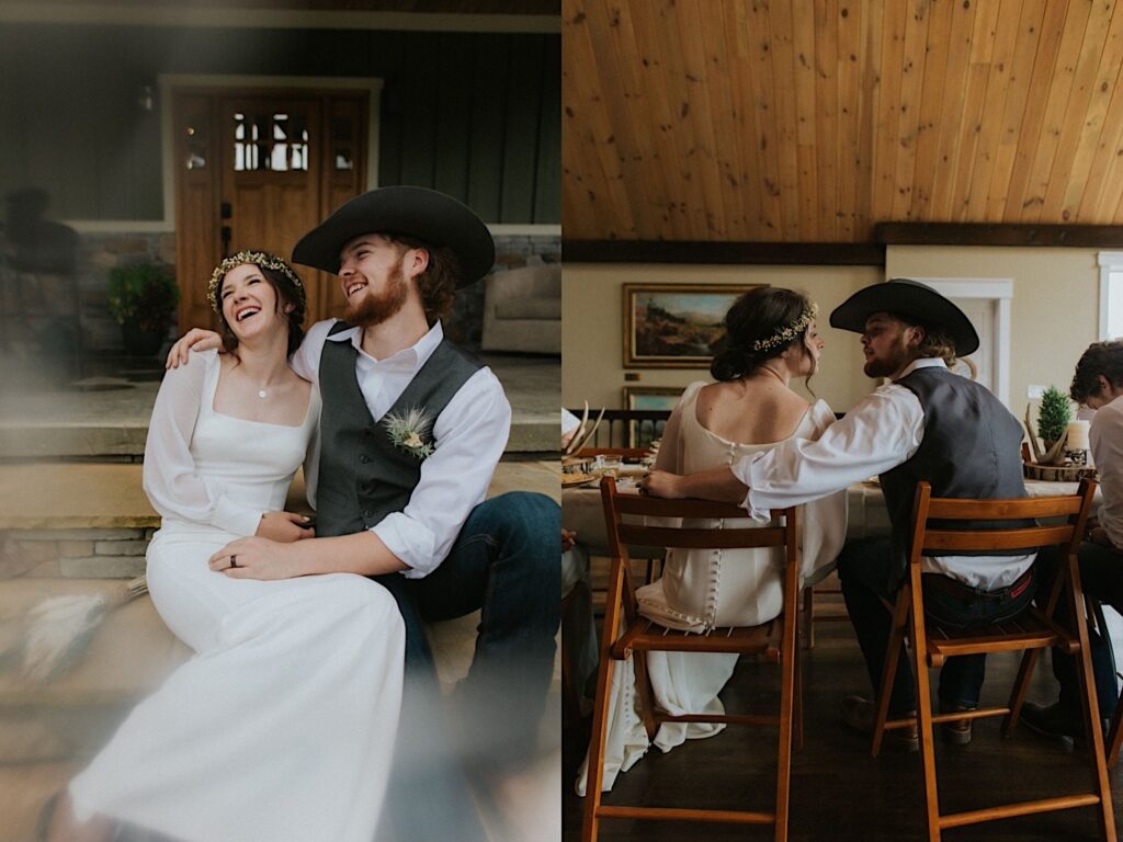 2 photos side by side of a bride and groom, the left is of the couple sitting on the front steps of a house, the right is of them indoors sitting at the dinner table about to kiss