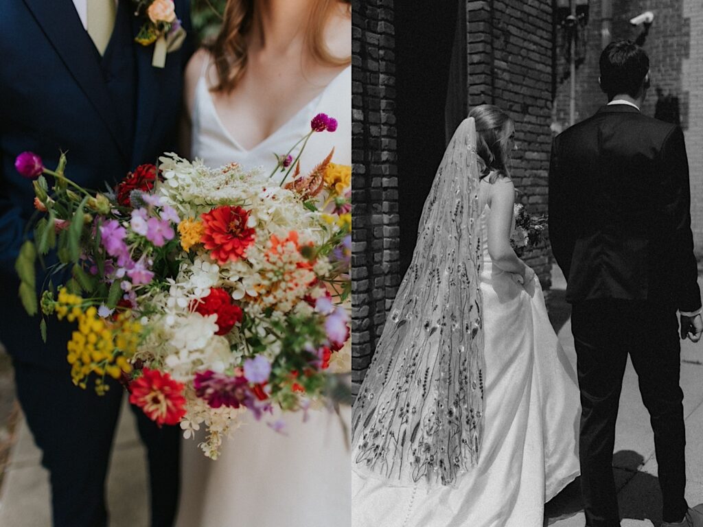2 photos side by side, the left is of a colorful flower bouquet being held by a bride towards the camera, the right is black and white of the bride and groom walking away from the camera