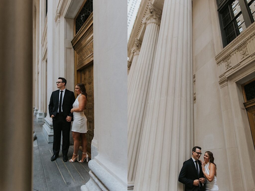 2 photos side by side, the left is of a couple standing next to one another in front of a large gold door, the right is of them standing side by side next to a huge marble pillar