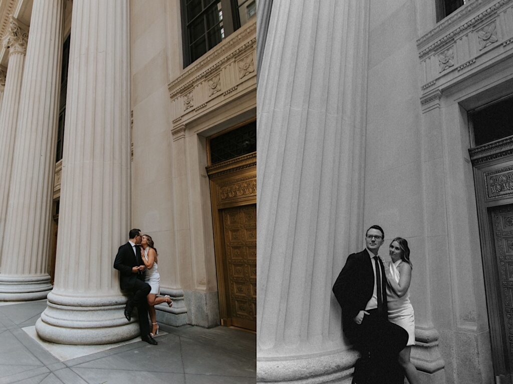 2 photos side by side of a couple standing next to a massive marble pillar, the left photo is of them kissing and the right is black and white and is of them looking to the left