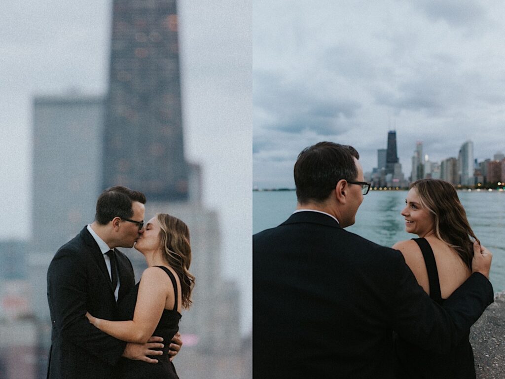 2 photos side by side, the left is of a couple kissing with skyscrapers behind them, the right is of the couple smiling at one another with the Chicago skyline in the distance in the background