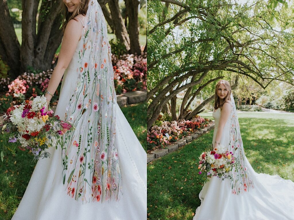 2 photos side by side, the left is of a bride with a floral veil holding her bouquet of flowers with her back to the camera, the right is a similar photo but taken to the left of the bride rather than behind her
