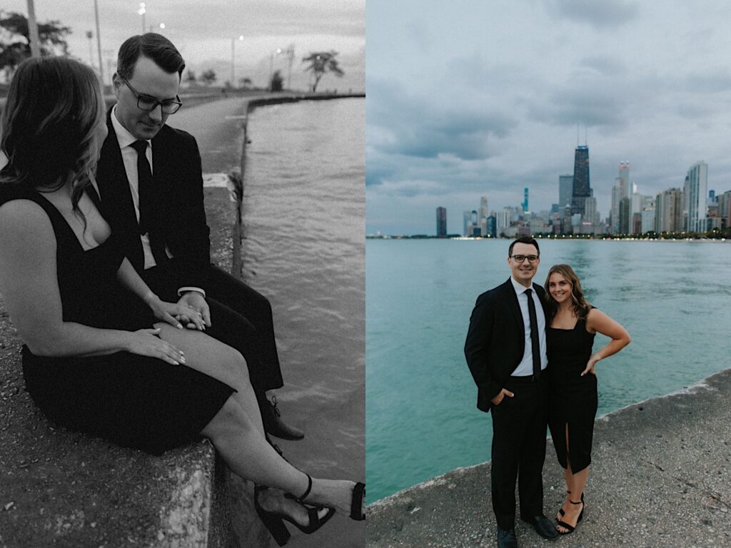 2 photos side by side of a couple, the left is black and white and is of them holding hands, the right is in color and is of them smiling at the camera while standing in front of lake Michigan and the Chicago skyline