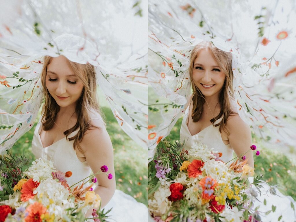 2 photos side by side of a bride holding her flower bouquet underneath her floral veil, in the left photo she is looking at the bouquet and in the right she is smiling at the camera