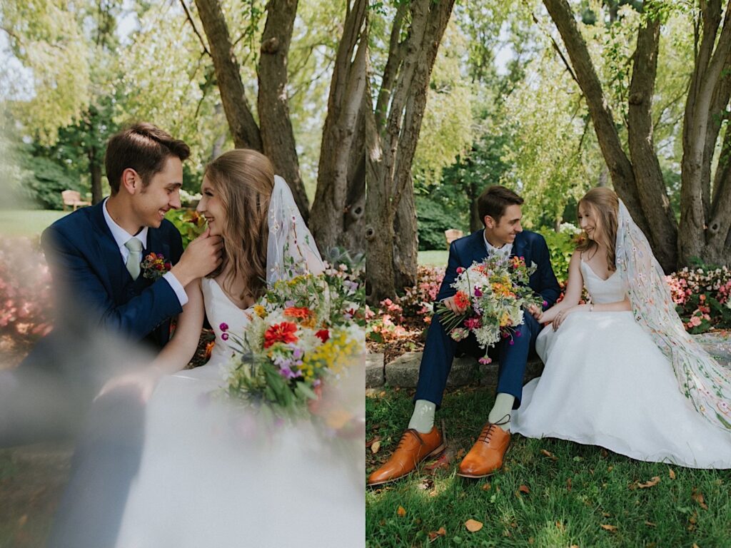 2 photos side by side of a bride and groom sitting together in a park, in the right they're smiling at one another as the groom touches the bride's chin, in the right they're smiling and holding hands