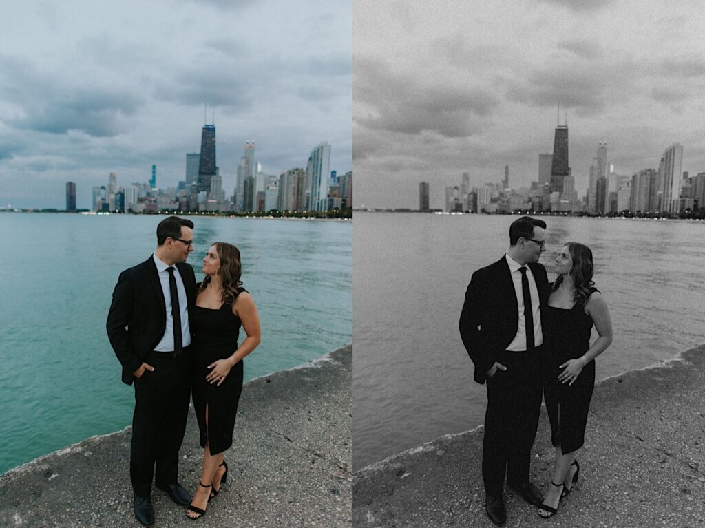2 photos side by side of a couple standing at North Avenue Beach looking at one another with Lake Michigan and the Chicago skyline behind them, the left is in color while the right is in black and white