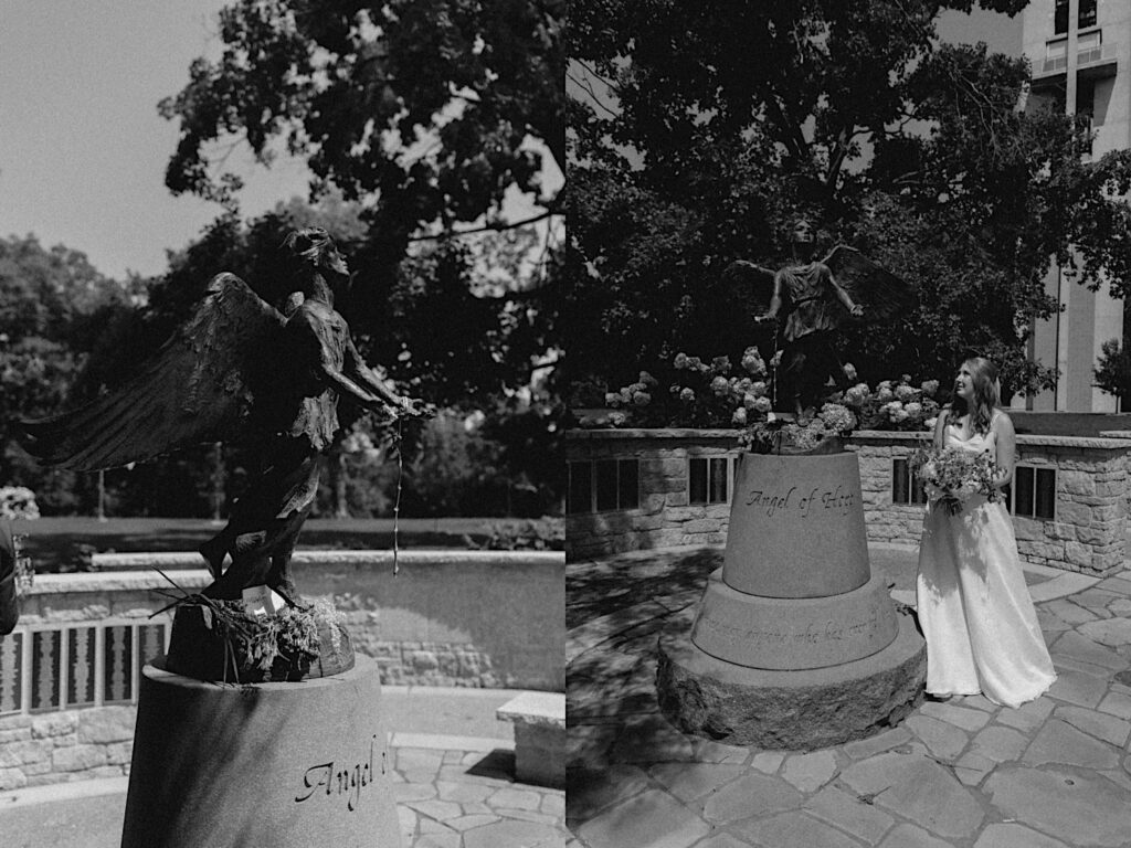 2 black and white photos side by side of a stone angel on a fountain, the right photo has the bride of a wedding in it looking up at the angel