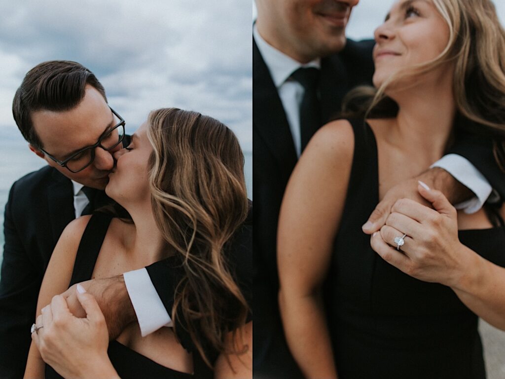2 photos side by side of a couple, in the left photo the man is hugging the woman from behind as they kiss, in the right photo they're in the same position and smiling at one another