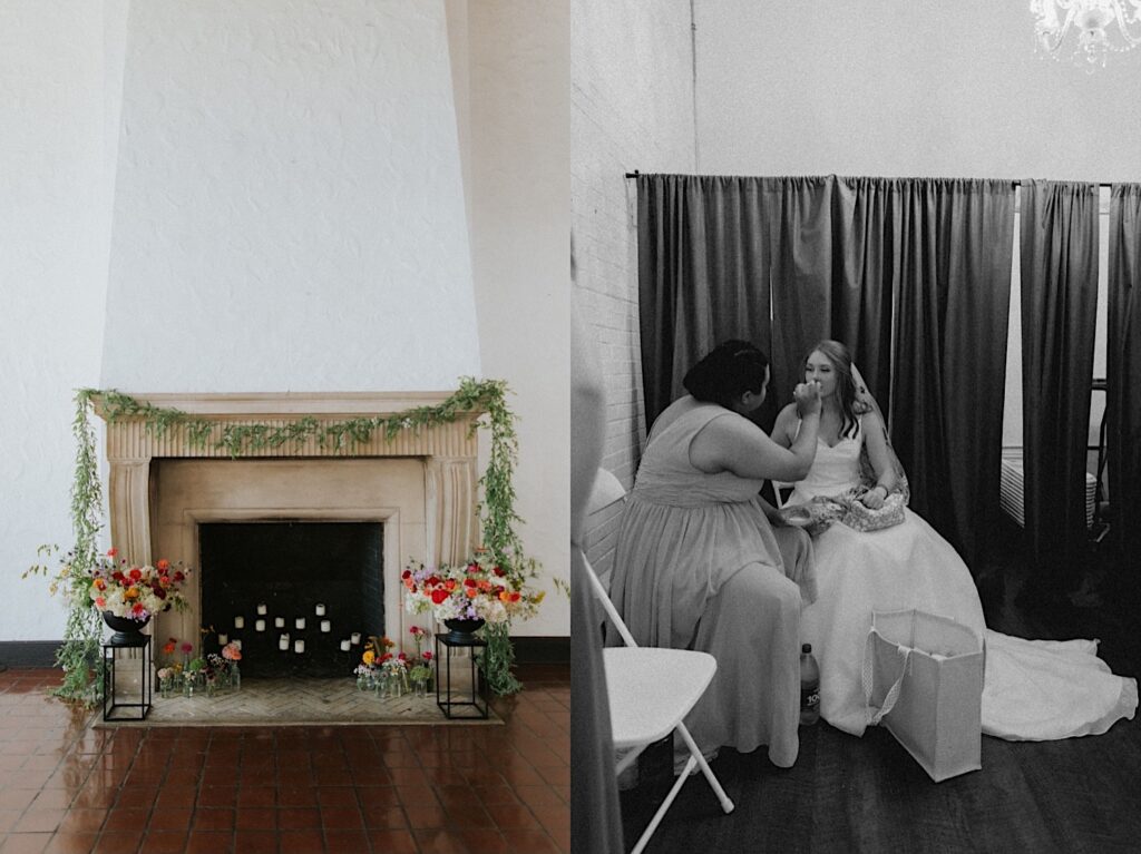 2 photos side by side, the left is of a fireplace decorated with flowers and other greenery, the right is a black and white photo of a bride sitting in a chair as bridesmaid adjusts her makeup