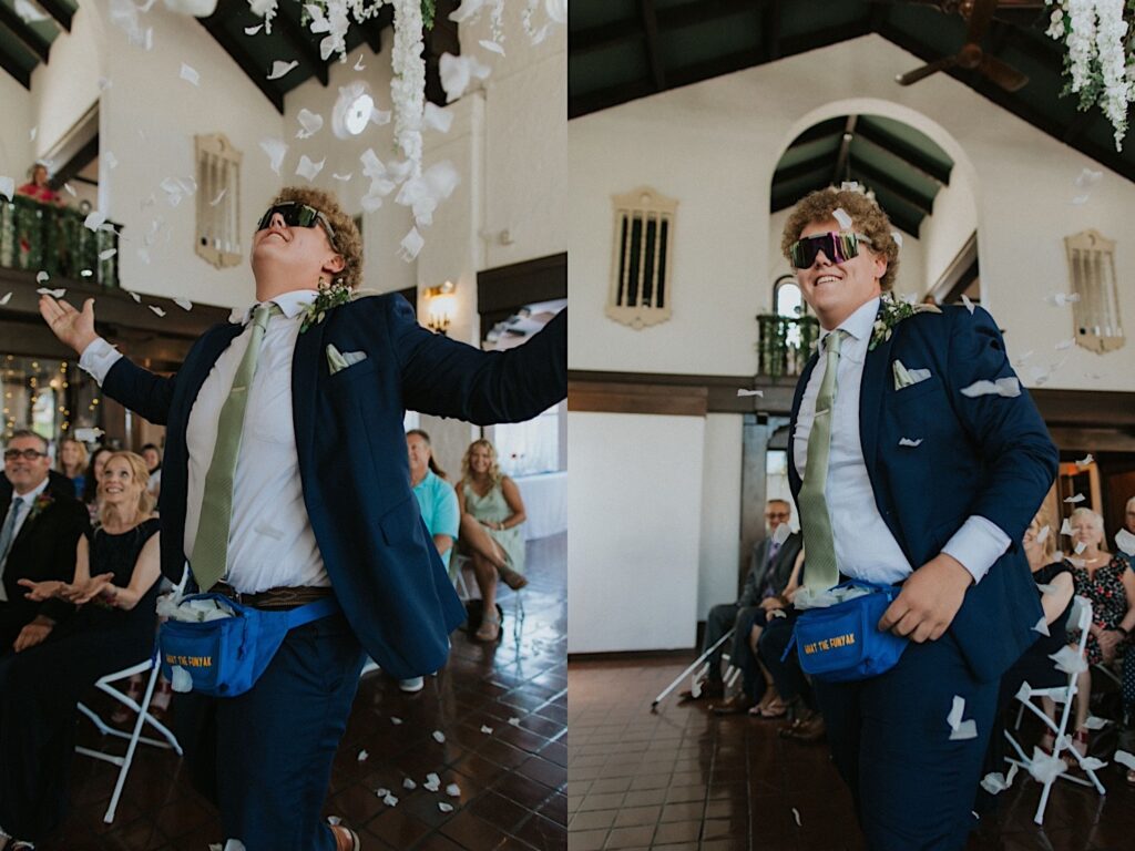 2 photos side by side of a groomsman wearing sunglasses entering a wedding ceremony and throwing confetti in the air acting as the "flower boy"