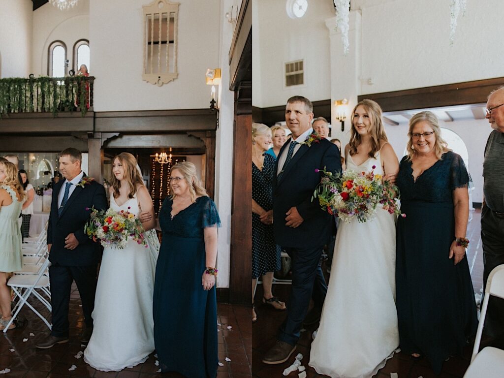 2 photos side by side of a bride walking into her wedding ceremony with her parents, the left is of them entering the room and the right is of them walking down the aisle