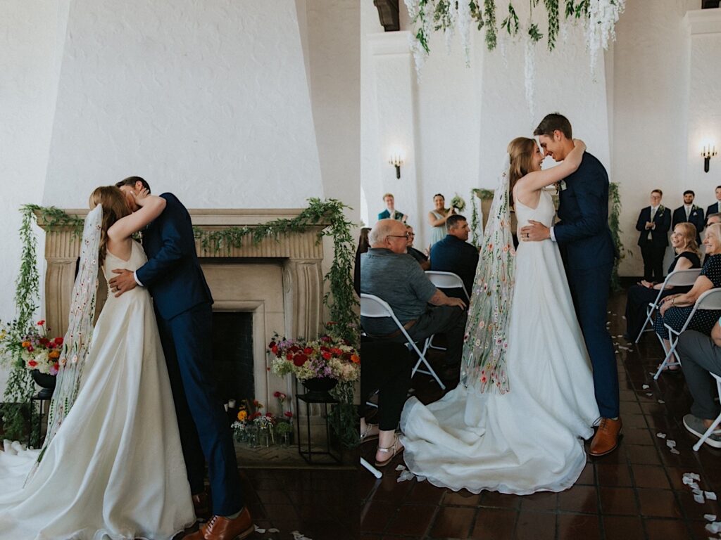 2 photos side by side of a bride and groom at their wedding ceremony, the left is of them kissing immediately after their ceremony and the right is of them embracing while exiting the ceremony
