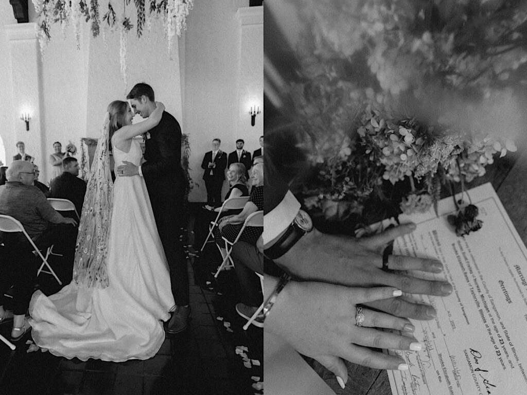 2 black and white photos side by side, the left is of a bride and groom embracing while walking down the aisle together, the right is of the couple's hands next to one another resting atop their marriage license