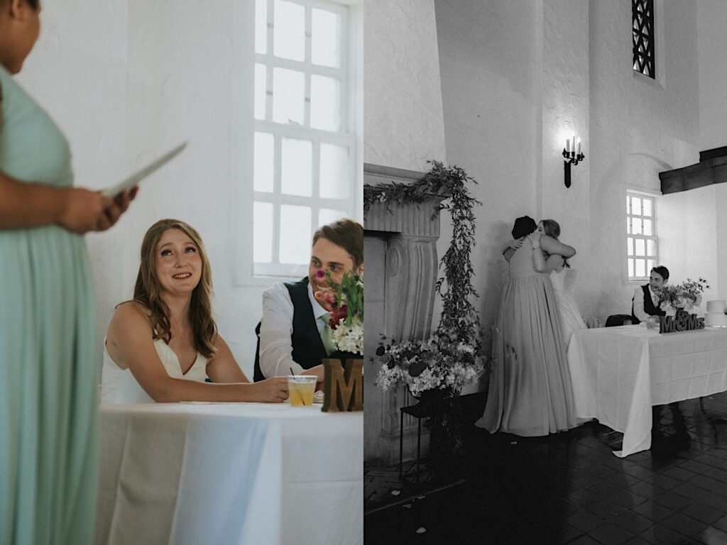 2 photos side by side, the left is of a bride tearing up while listening to a bridesmaid's speech, the right is a black and white photo of the two of them hugging
