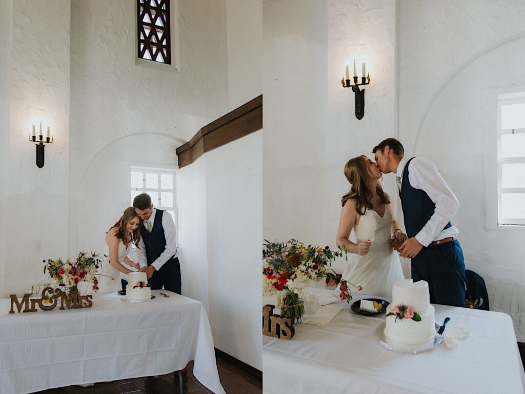 2 photos side by side of a bride and groom standing at their sweetheart table with their wedding cake, in the left photo they are cutting the cake and in the right photo they are kissing one another