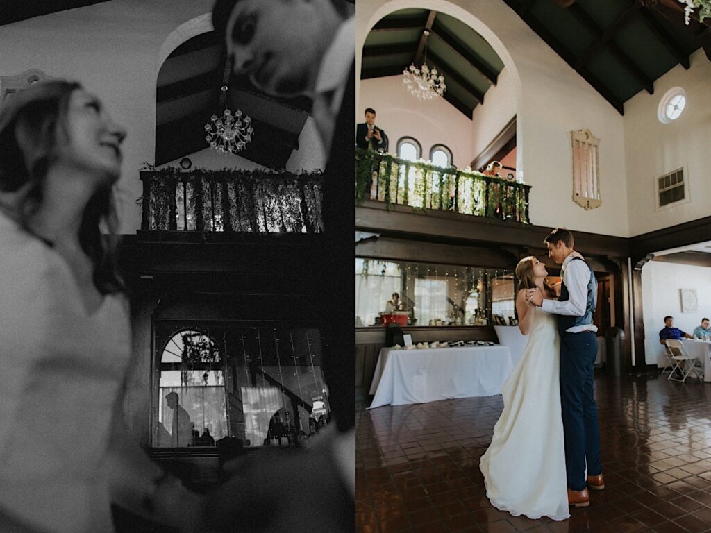 2 photos side by side, the left is a black and white close up photo of the bride and groom dancing, the right is a color photo of them dancing taken from further away