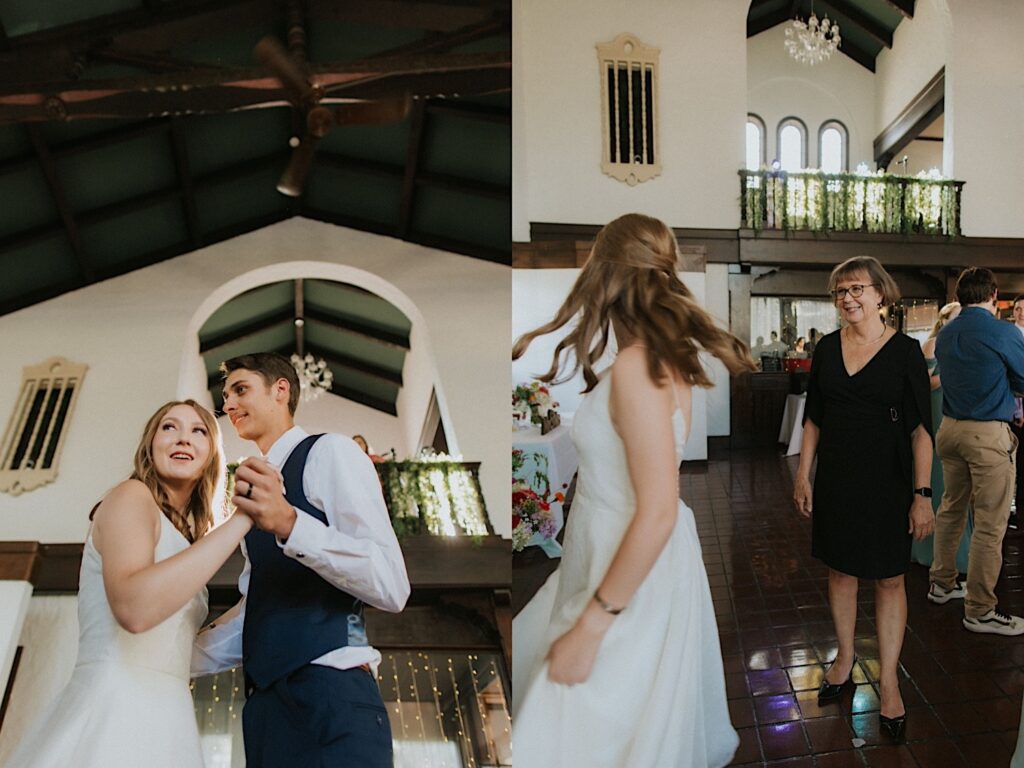 2 photos side by side, the left is of a bride and groom dancing and the right is of a bride spinning in her dress as a guest watches