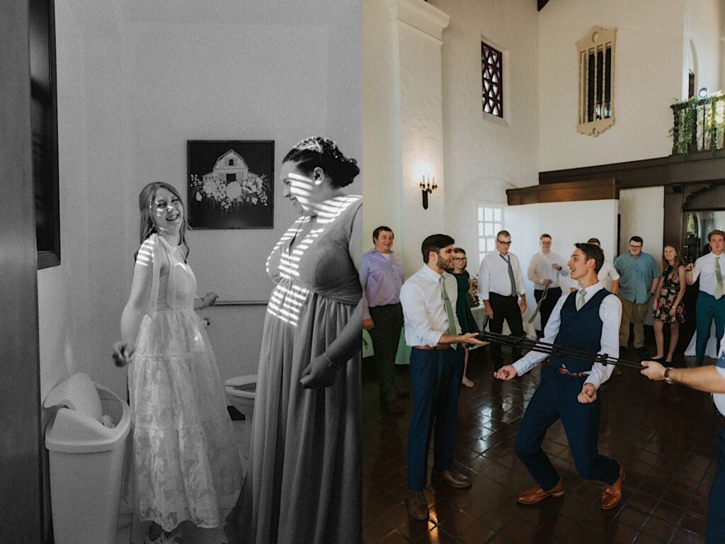 2 photos side by side, the left is black and white of a bride and her bridesmaid laughing together, the right is of the groom playing limbo on the dancefloor