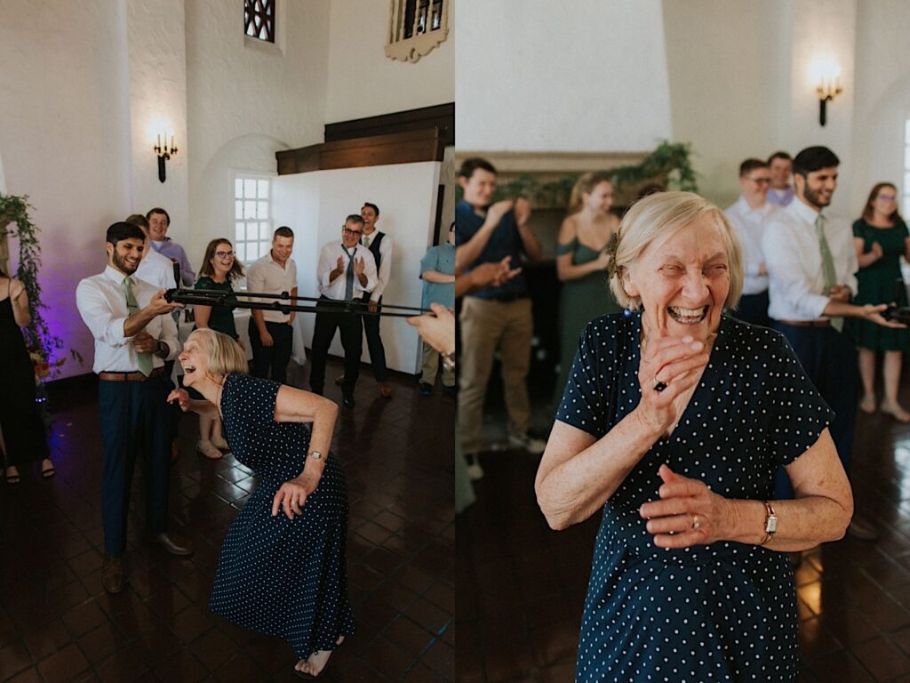 2 photos side by side of a grandmother at a wedding reception, in the left she is playing limbo and in the right she is laughing afterwards