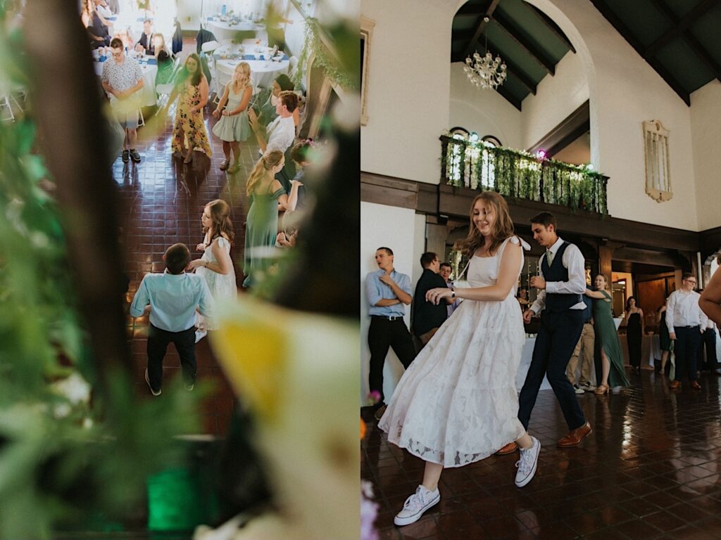 2 photos side by side, the left is of guests of a wedding dancing together taken from a balcony inside the wedding venue, the right is of the bride and groom dancing with their guests