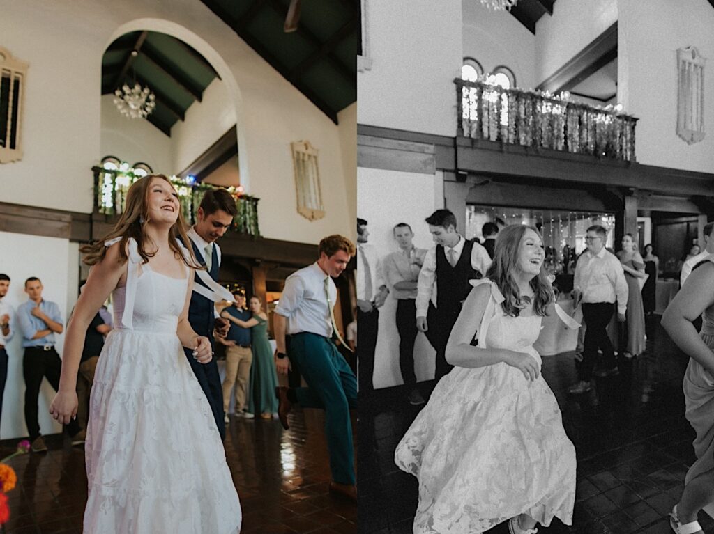 2 photos side by side of a bride dancing during her wedding reception, the right photo is black and white while the left is in color