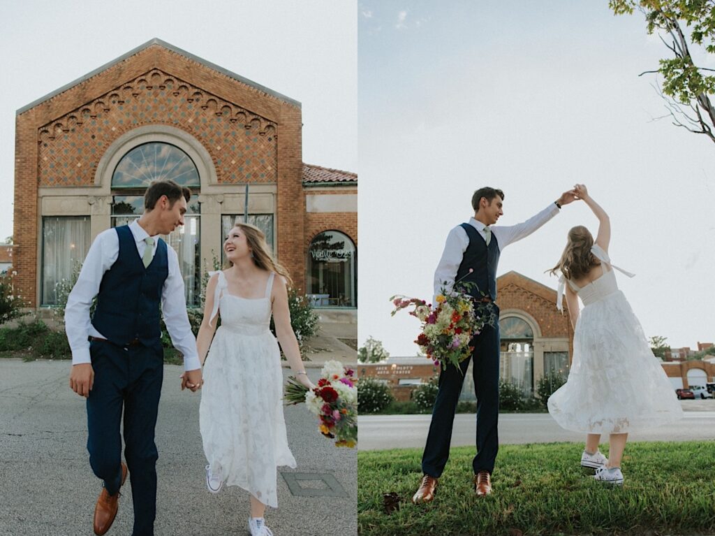 2 photos side by side, the left is of a bride and groom walking hand in hand away from their wedding venue smiling at one another, the right is of them dancing together in the grass across the street from the venue