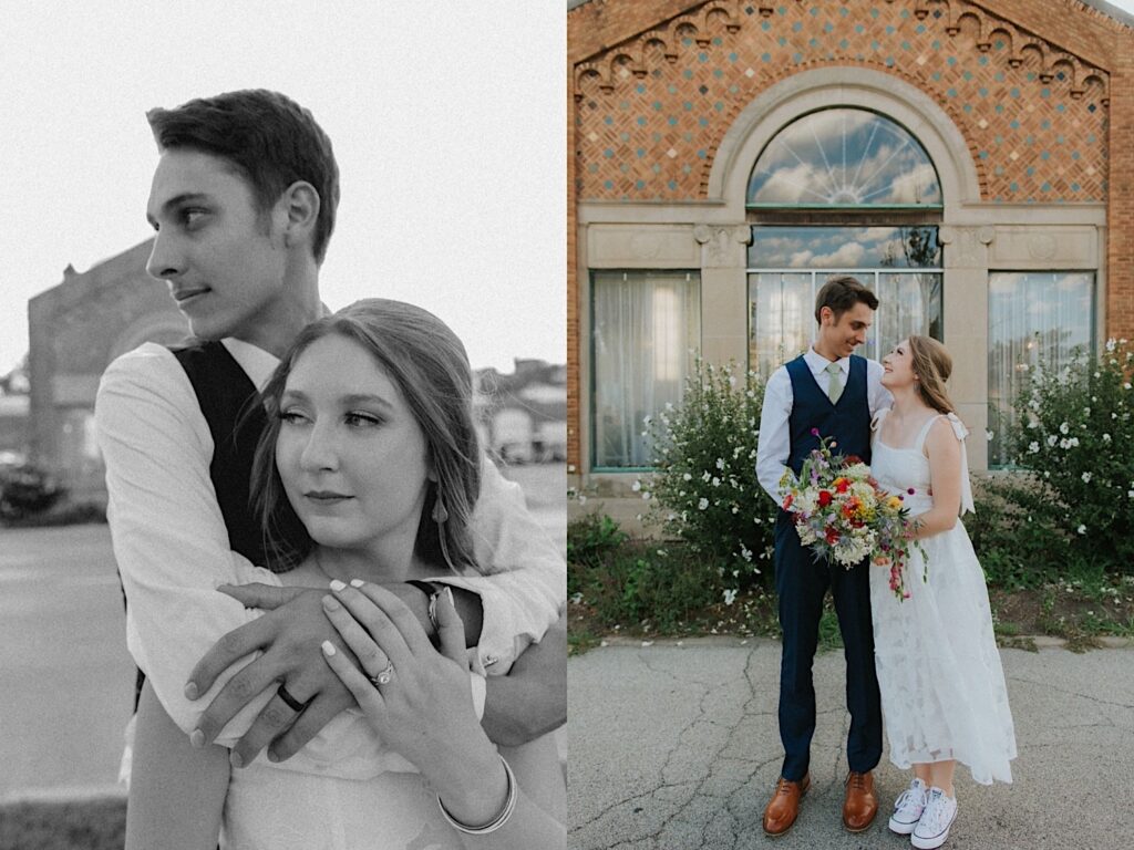 2 photos side by side of a bride and groom, the left is a black and white photo of the groom hugging the bride from behind, the right is of them smiling at one another while standing side by side