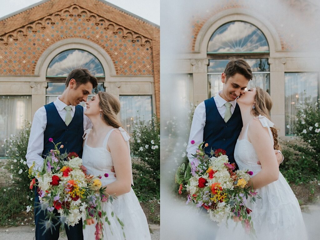 2 photos side by side of a bride and groom outside of their wedding venue, the left is of them smiling as they're about to kiss and the right is of the groom smiling while the bride kisses his cheek