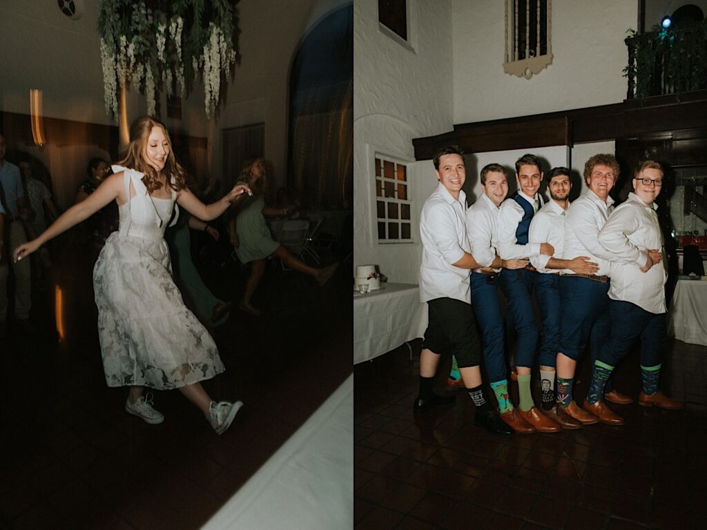 2 photos side by side, the left is of the bride dancing during her wedding reception, the right is of the groom standing in line with his 5 groomsmen as they all hug one another
