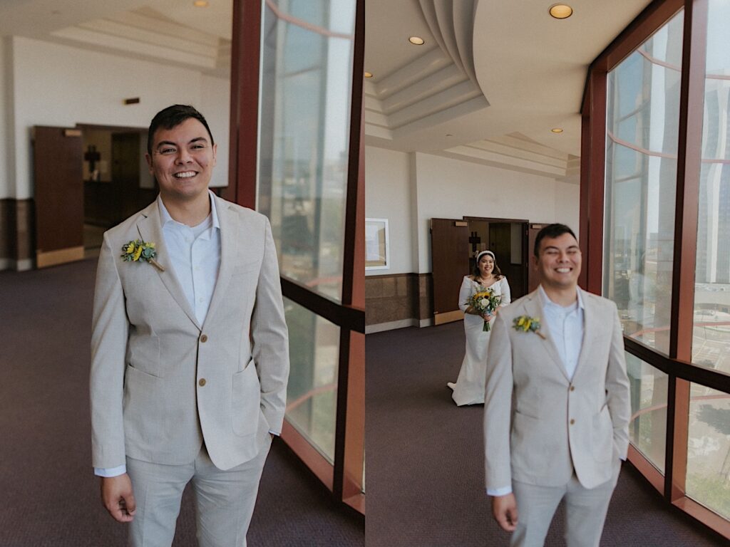 2 photos side by side of a groom smiling at the camera, in the right photo the bride is smiling behind him about to walk up for their first look