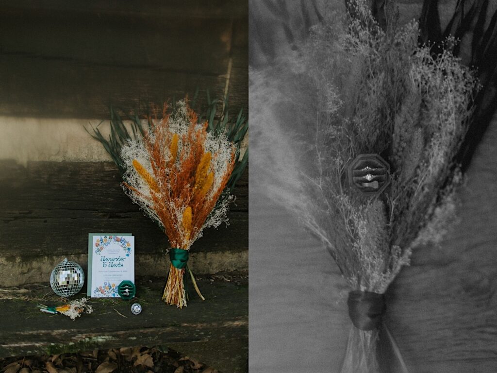 2 photos side by side, the left is of a bouquet, disco ball, wedding invites, and wedding rings on a bench next to one another, the right is a black and white photo of the bouquet with the rings on it