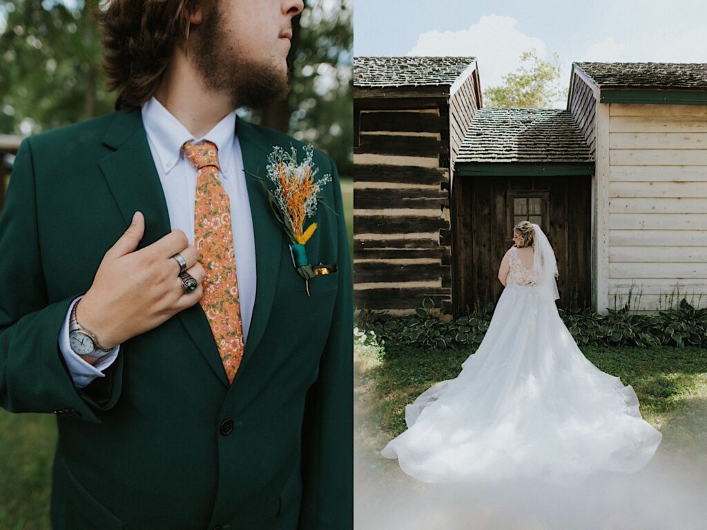 2 photos side by side, the left is of the groom adjusting his suit coat while outside, the right is of the bride in her wedding dress facing away from the camera and looking over her shoulder while in front of a wooden building