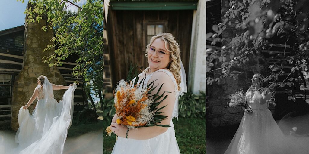 3 photos side by side of a bride in her wedding dress, the left is of her dancing outside of an old building, the middle is of her smiling at the camera, the right is a black and white photo of her standing in front of an old building