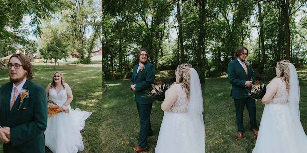 3 photos side by side of a bride and groom during their first look, in the left the bride is sneaking up behind the groom, in the middle the groom turns around to see the bride for the first time, in the right he smiles as he looks at her in her wedding dress