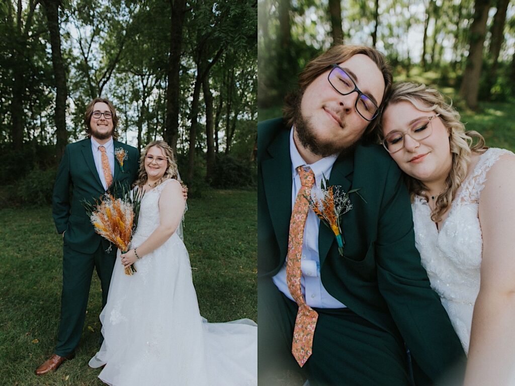 2 photos side by side of a bride and groom in the woods together, in the left they stand side by side and smile at the camera, in the right they sit in the grass and lean their heads against one another