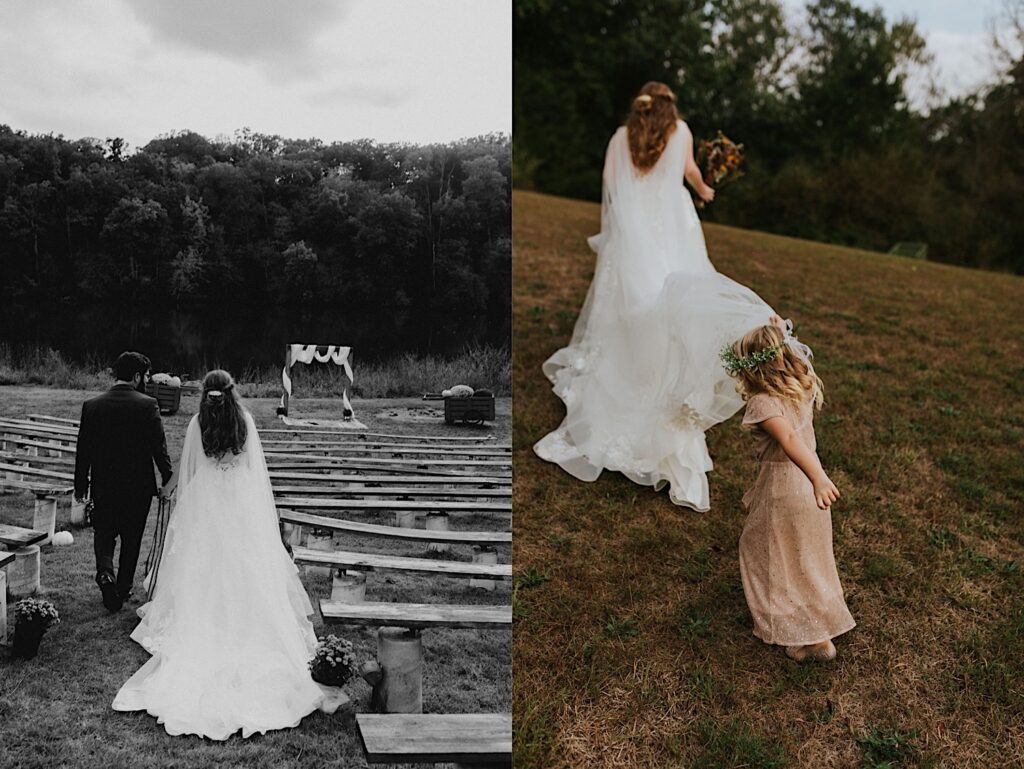 2 photos side by side, the left is a black and white photo of a bride and groom walking towards their ceremony space, the right is of a young girl carrying the back of the brides dress as they walk away from the camera