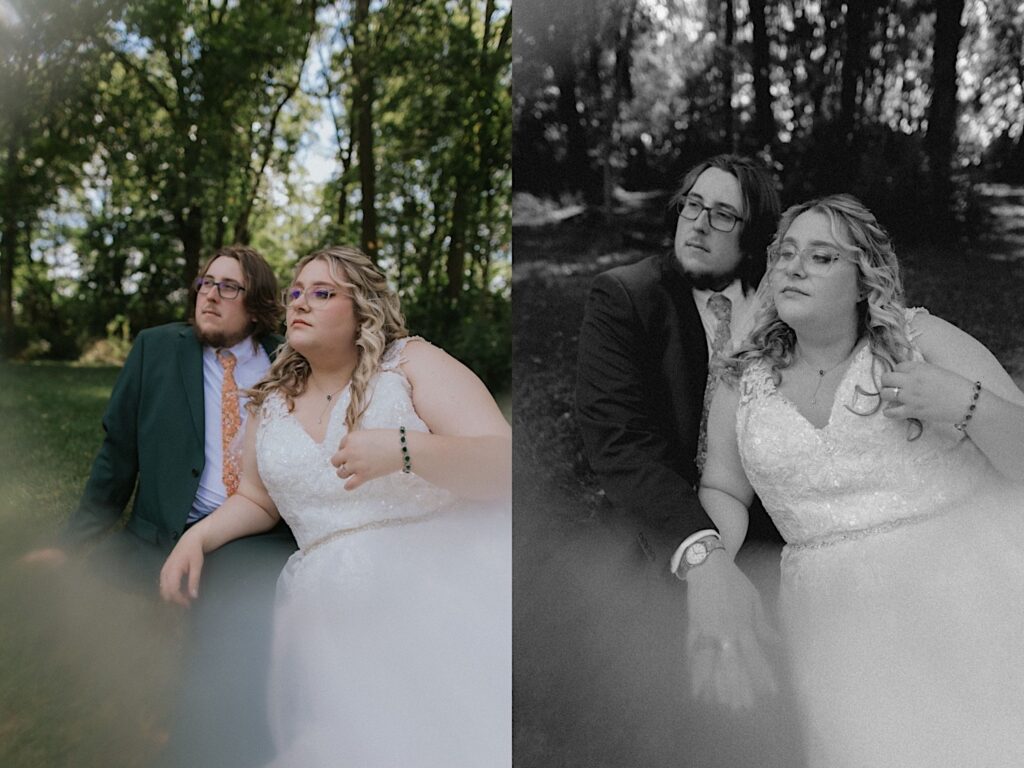 2 photos side by side of a bride and groom sitting together in a forest, the left photo is in color while the right is black and white