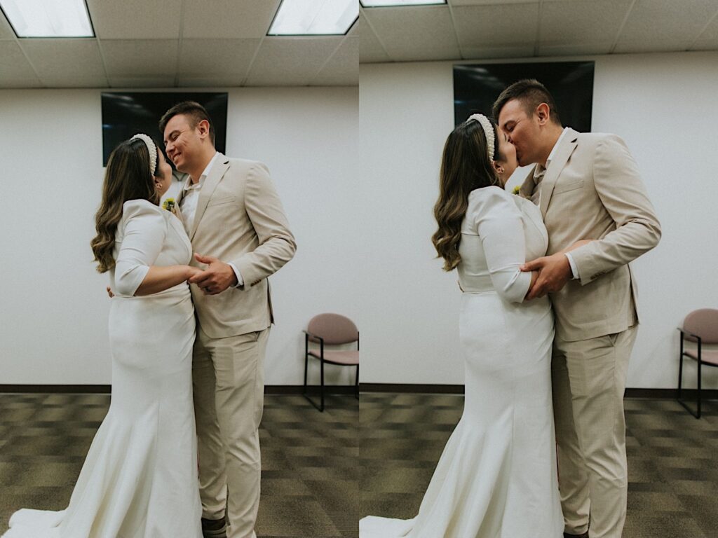 2 photos side by side of a bride and groom indoors for their courthouse wedding, in the left photo they are smiling at one another and in the right they are kissing one another
