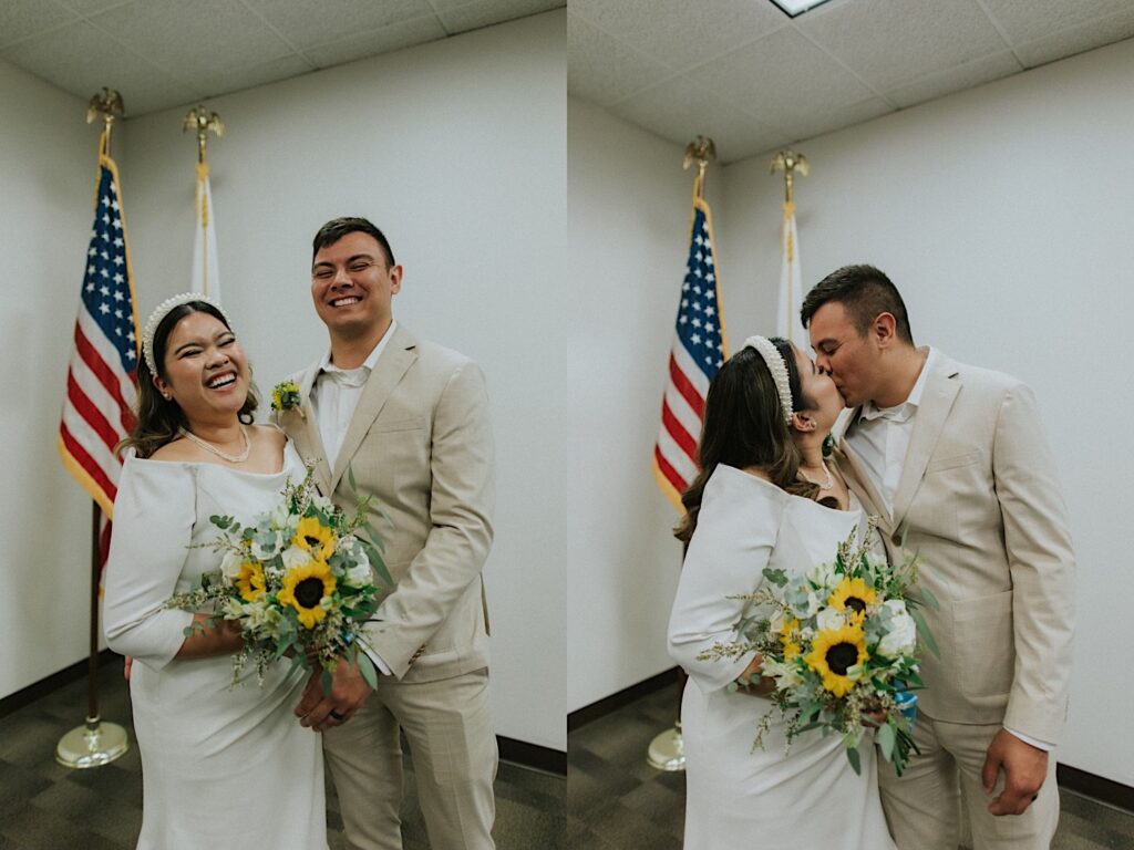 2 photos side by side of a bride and groom in a courthouse for their intimate wedding, in the left they smile at the camera and in the right they kiss one another