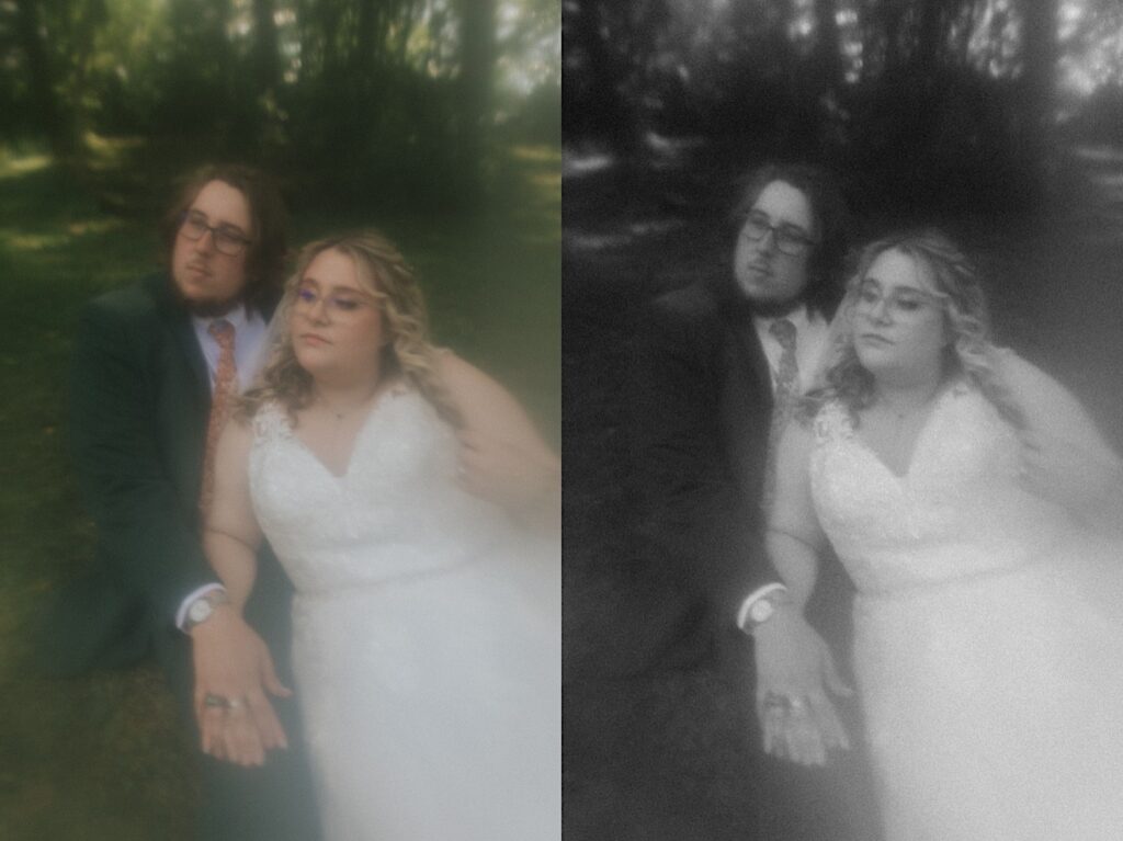 2 photos side by side of a bride and groom sitting in the grass together and looking off in the distance, the left photo is in color while the right is black and white