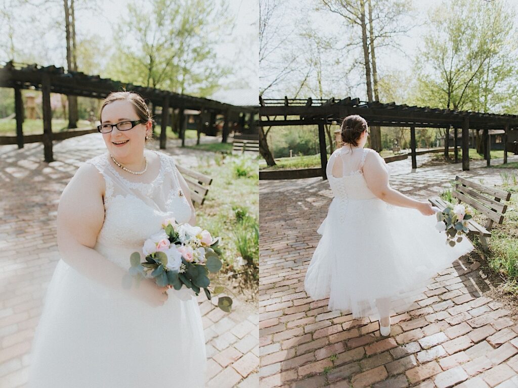 2 photos side by side of a bride in her wedding dress on a brick path, the left is of her smiling while looking to the left and the right is of her walking with her back to the camera