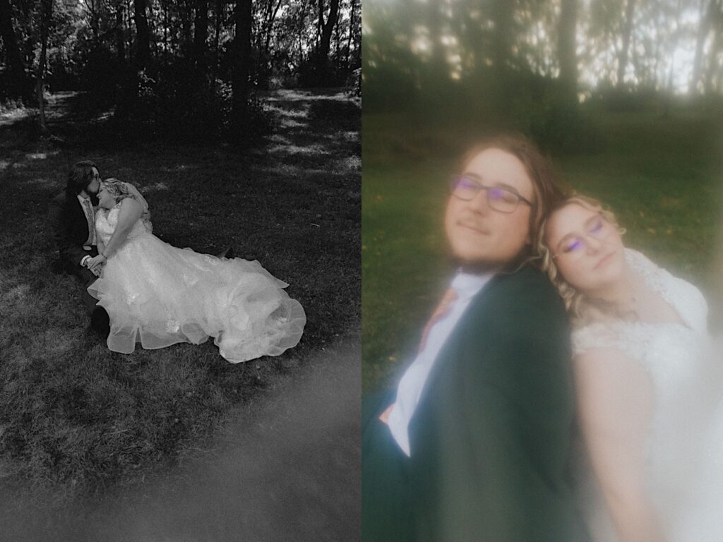 2 photos side by side, the left is a black and white photo of a groom kissing the bride while they sit in the grass, the right is a photo of the bride and groom sitting in the grass back to back