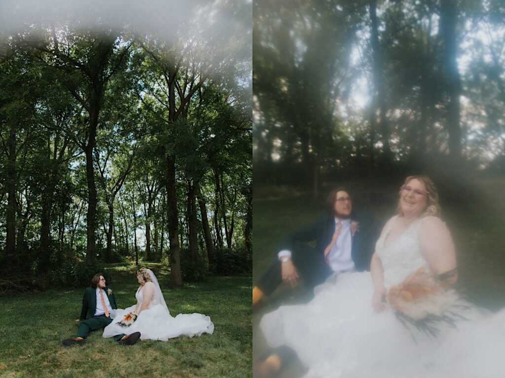 2 photos side by side of a bride and groom sitting together in the grass of a forest, the right photo has a hazy film in over it