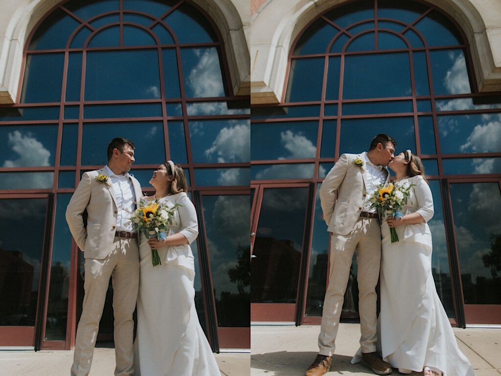 2 photos side by side of a bride and groom outside the Sangamon County Courthouse, in the left they smile at one another and in the right they kiss one another