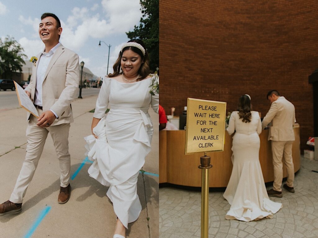 2 photos side by side of a bride and groom, in the left they are walking along a sidewalk with their marriage license, in the right they are at a desk getting the license signed