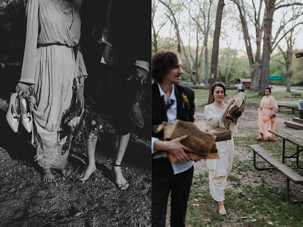 2 photos side by side, the left is a black and white photo of a bride and groom that have taken their shoes off and are standing holding them, the right is of the same couple carrying firewood with one another