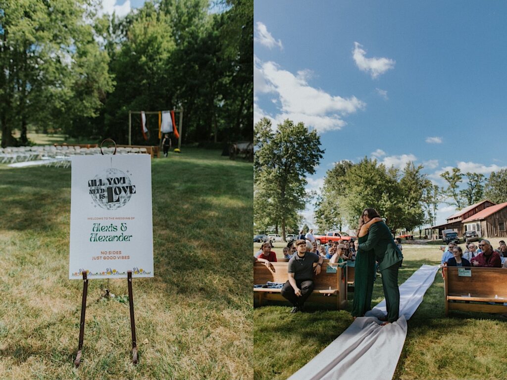 2 photos side by side, the left is of a sign for a wedding set up next to the outdoor ceremony space, the right is of the groom hugging his mother while standing in the aisle of the ceremony space